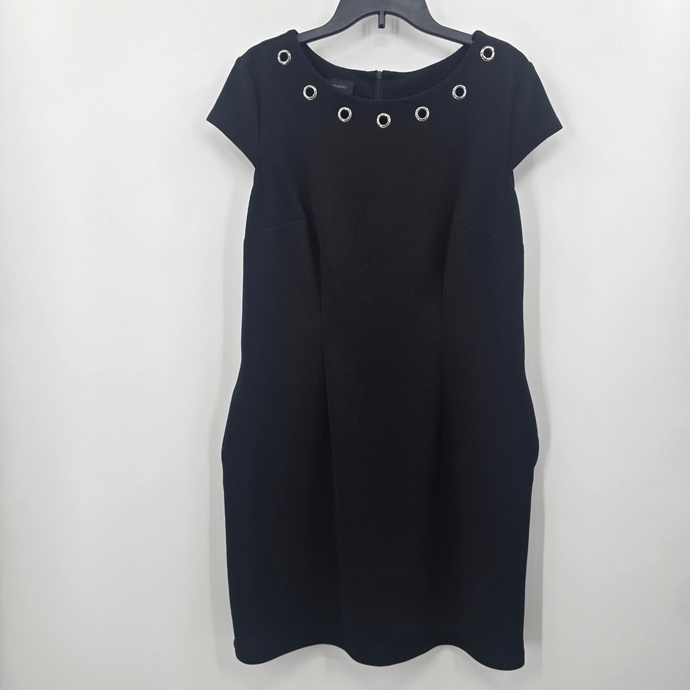 AB Studio Dress Womens XL Black Grommet Neck Sheath Cap Sleeve Textured Pockets